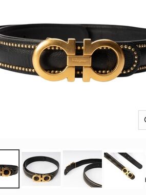 Salvatore Ferragamo Black Leather Belt with Gold Gancini Buckle and Stud Accents
